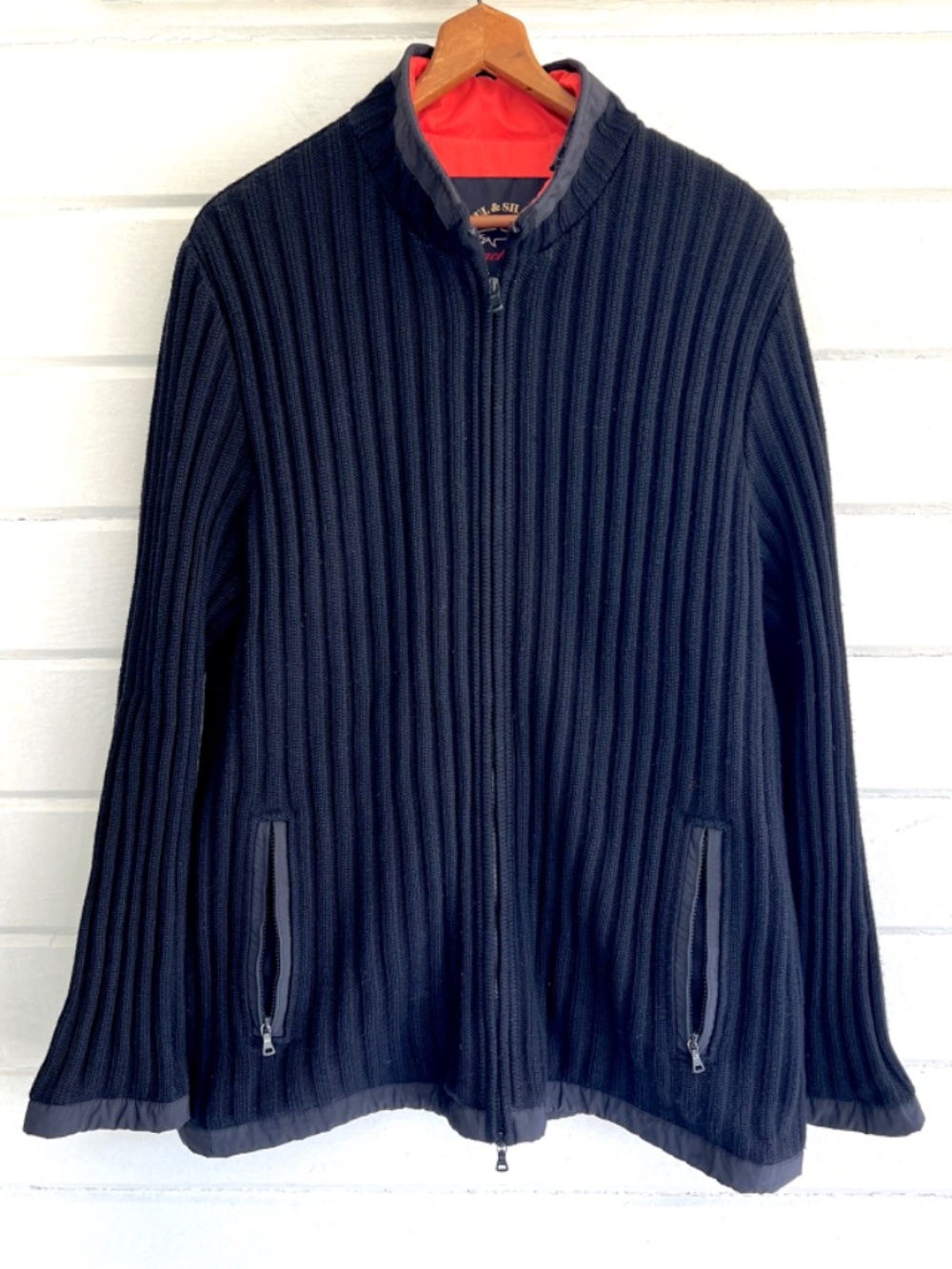 PAUL & SHARK Navy Wool Blend Zip Jacket with Safety Graphics Lining - 3X